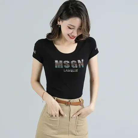 歌倍尚夏季女装黑色烫钻短袖t恤女半袖新款欧货圆领修身纯棉体恤商品大图