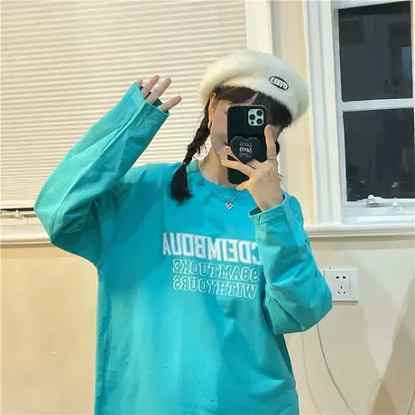 红续湖蓝色纯棉宽松长袖T恤女上衣oversize原宿风2023年春秋新款图片