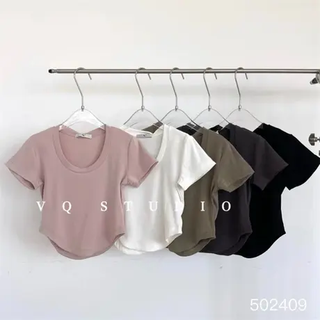 纯色U领短袖女夏薄款紧身上衣露脐纯欲风内搭T恤显瘦短款打底衫潮商品大图