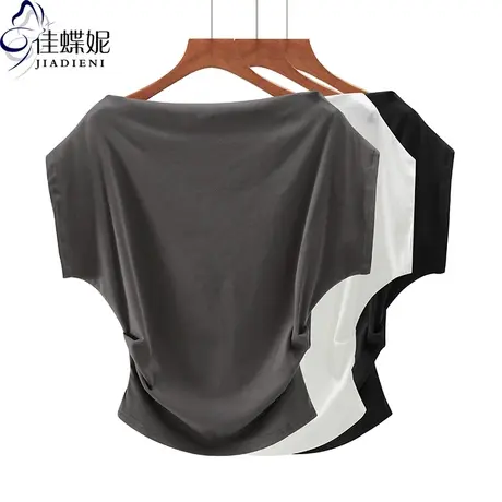 夏季新款韩版一字领宽松褶皱纯棉纯色落肩短袖体恤上衣内搭女装商品大图