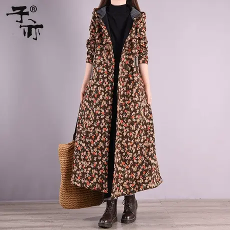 子亦2022冬装新款宽松大码中年妈妈装加绒印花棉衣裙风衣外套图片