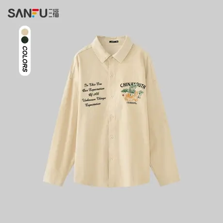 三福2023冬男士国潮青松刺绣长衬衫 宽松翻领纯棉上衣男476240商品大图