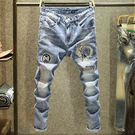 欧版潮流高端刺绣牛仔裤男款夏季修身小脚裤欧洲站时尚潮牌男款商品大图