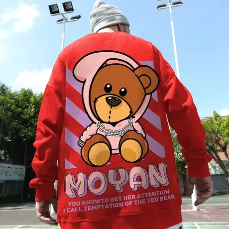 潮牌圆领加绒宽松小熊套头情侣装大码红色卫衣男女同款秋冬衣服潮商品大图