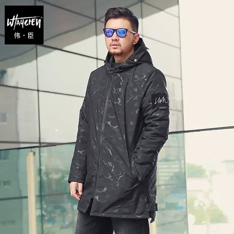 伟臣潮牌大码男装男加厚棉衣男士加肥加大宽松迷彩连帽中长棉袄图片