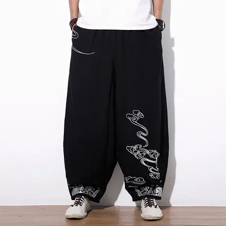 中国风男装阔腿裤唐装棉麻裤宽松直筒裤茶禅汉服复古刺绣亚麻长裤商品大图