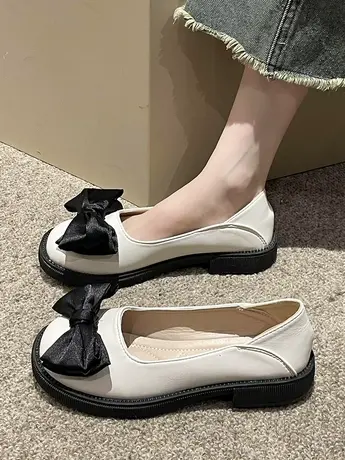 英伦风小皮鞋女2023春夏新款复古平底乐福鞋网红蝴蝶结玛丽珍单鞋图片