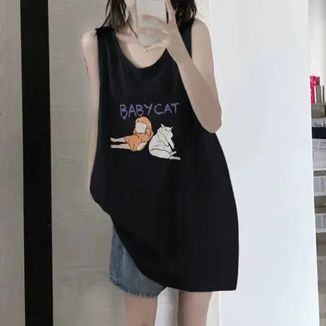 美式复古纯棉吊带运动坎肩背心无袖t恤女夏季外穿宽松篮球服上衣图片
