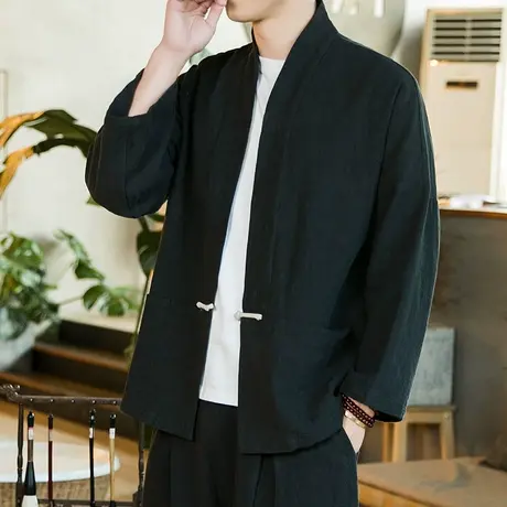 中国风亚麻改良汉服宽松休闲茶艺禅服中式布扣唐装男士超大码外套图片
