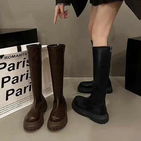 长筒靴女黑色厚底高级感显瘦2024新款秋冬急加绒百搭粗跟高筒靴子图片