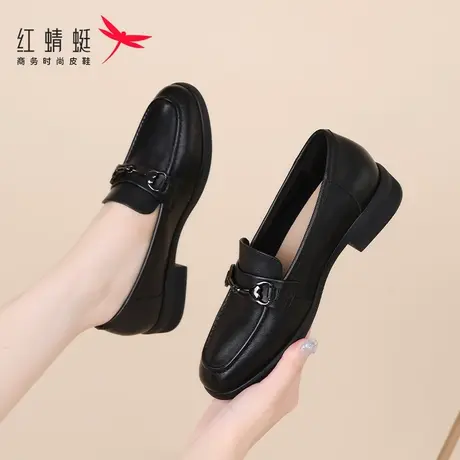红蜻蜓春秋女鞋软底一脚蹬皮鞋乐福鞋女真皮厚底粗跟单鞋懒人夏季图片