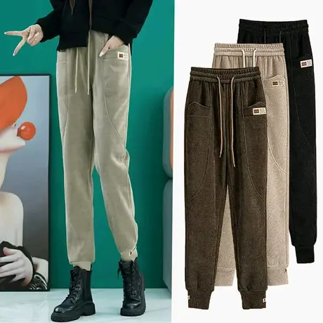 欧棉绒加绒卫裤女冬季加厚2022新款抽绳高腰束脚运动裤哈伦休闲裤图片