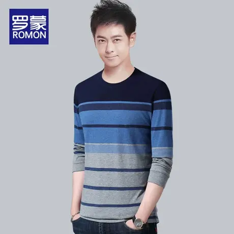 Romon/罗蒙2022春秋条纹t恤男士长袖圆领体恤春季男装内搭打底衫商品大图