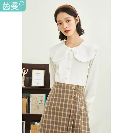 茵曼珍珠扣女2023冬季新款荷叶边大翻领甜美百搭气质休闲长袖衬衫图片