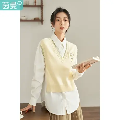 【商场同款】茵曼2023春女装新款经典百搭精致绣花假两件长袖衬衫图片