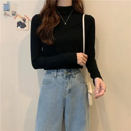 2023新款春秋冬新款德绒半高领打底衫白色内搭洋气长袖t恤女上衣商品大图