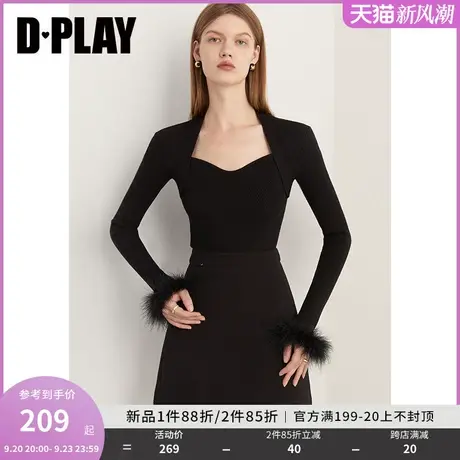 DPLAY2023冬轻奢名媛经典黑美背宫廷领氛围感羽毛拼接修身针织衫图片