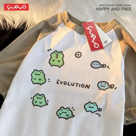 悦游 进化蛙蛙 2025原创设计纯棉拼色短袖插肩t恤休闲宽松夏透气图片