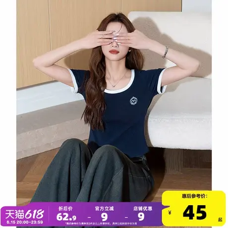 唐狮2025夏季女新款短袖T恤收腰显瘦休闲上衣穿搭短款修身运动商品大图