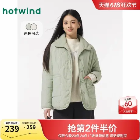 热风2024年冬季新款女士韩版翻领宽松棉袄外套纯色保暖简约棉服女商品大图