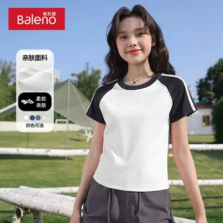 班尼路黑色t恤女2025夏季新款撞色插肩拼条圆领宽松显瘦亲肤短袖Q图片