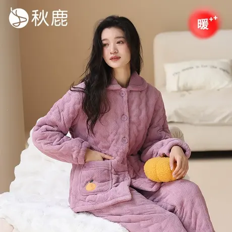 秋鹿三层加绒加厚夹棉睡衣女2025秋冬新款珊瑚绒棉袄可外穿家居服商品大图