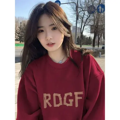 秋冬显白酒红色卫衣女2022新款加绒加厚ins潮牌大码复古圆领上衣图片