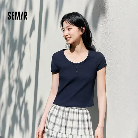 森马短袖T恤女短款小性感亨利领气质2025夏新款纯色修身上衣百搭图片