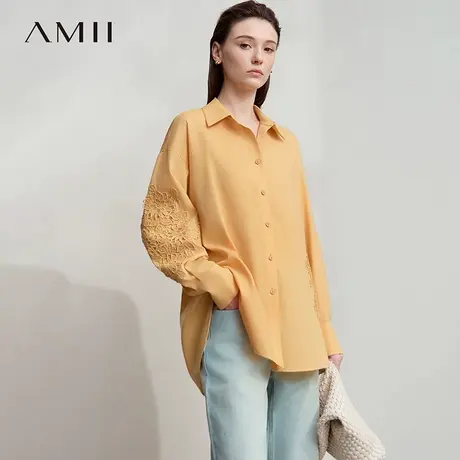 Amii2025秋新款通勤翻领落肩袖手工剪花蕾丝拼接白衬衫女衬衣上衣商品大图
