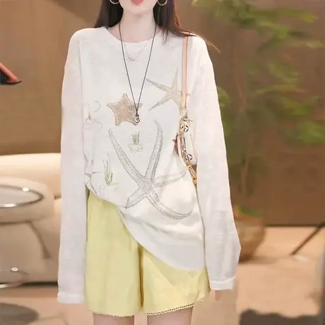 幸运海星烫钻印花长袖T恤女夏季新款宽松慵懒风海边罩衫防晒上衣商品大图