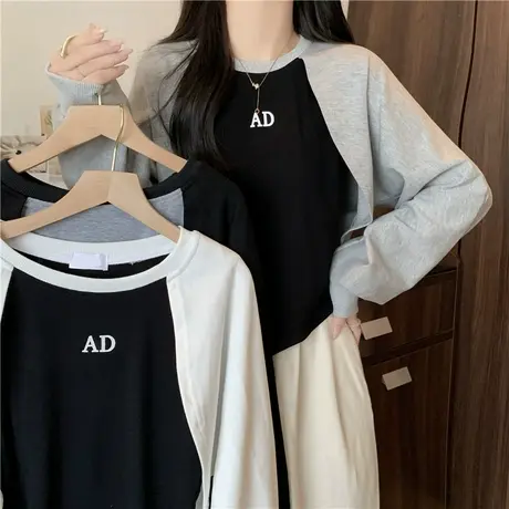 不规则假两件短款长袖卫衣女春秋薄款2023年新款设计感上衣潮ins商品大图