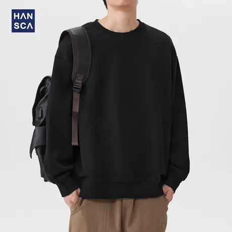 hansca秋季黑色圆领套头长袖卫衣男2025新款宽松简约时尚休闲上衣商品大图