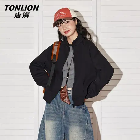 唐狮官方短款外套女2026新款春立领卫衣开衫星空棉宽松黑色上衣VC图片