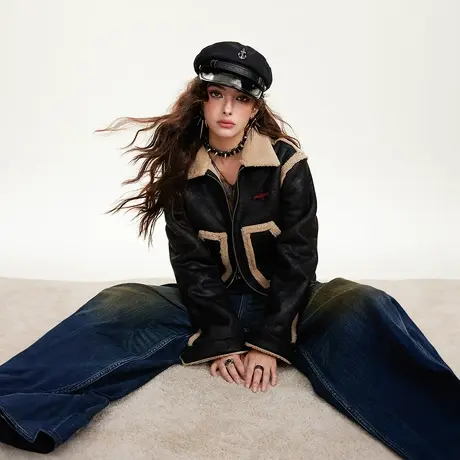 短款羊羔毛拼接夹棉冬季外套新款皮棉服女美式潮牌复古小个子棉衣图片