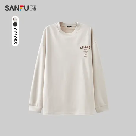 三福2023冬男士烧花字母麂皮长T恤 街头潮流宽松圆领上衣477079商品大图