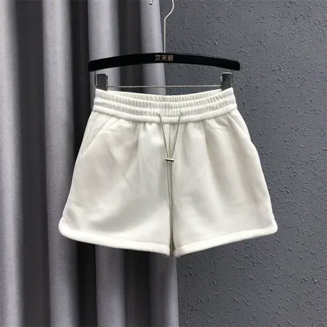 欧货时尚百搭灯芯绒休闲裤女2023秋冬新款松紧腰高腰百搭阔腿短裤商品大图