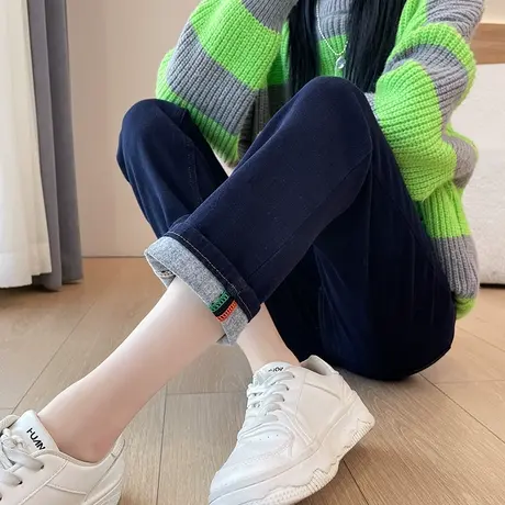 复古小直筒牛仔裤女加绒秋冬抓绒高腰显瘦小个子九分加厚烟管裤子商品大图