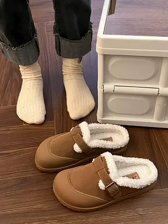 复古勃肯鞋女加绒2023年新款秋冬女鞋子包头半拖毛毛一脚蹬棉拖鞋图片