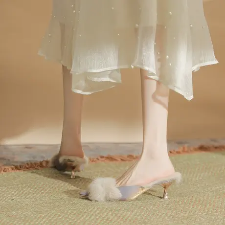 毛毛高跟拖鞋女时尚外穿2023年新款气质女神范秋冬优雅网红半拖鞋商品大图