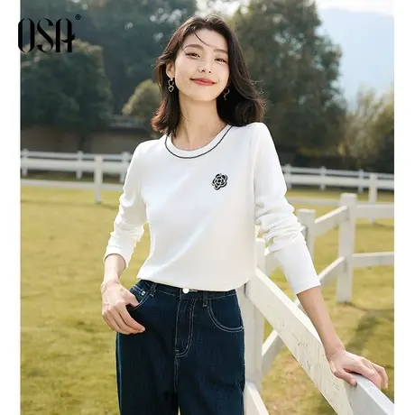 OSA欧莎白色山茶花打底衫t恤女初秋装2023年新款显瘦气质内搭上衣商品大图
