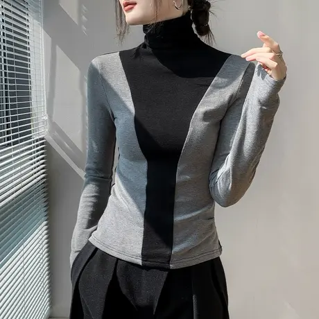 磨毛撞色堆堆领长袖t恤女秋冬新款高级感拼色内搭正肩打底衫上衣商品大图