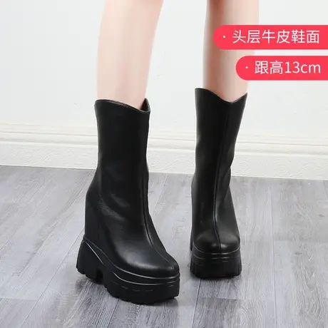秋冬女靴加绒内增高雪地靴13C软皮骑士靴厚底棉鞋真皮瘦瘦中筒靴图片