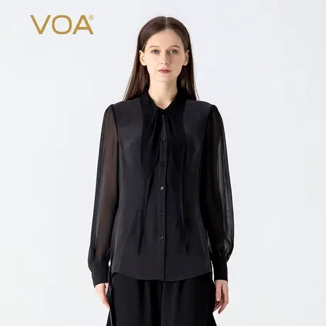 VOA30姆米重磅桑蚕丝POLO领衬衫袖单排扣拼接乔其直筒真丝衬衫女图片