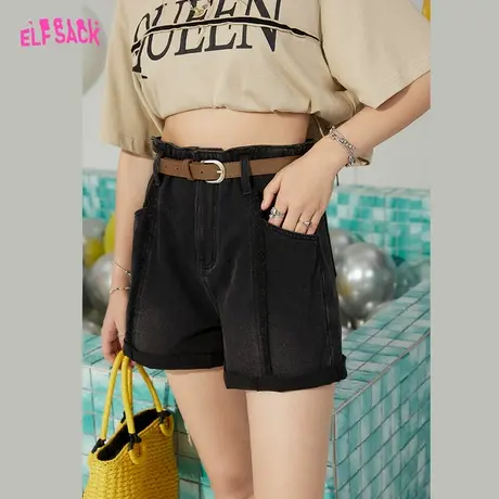 妖精的口袋黑色毛边牛仔短裤女2023夏季新款显瘦设计感辣妹热裤潮图片