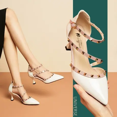 清仓铆钉高跟鞋女法式一字扣带凉鞋女夏款包头细跟欧美风凉鞋商品大图
