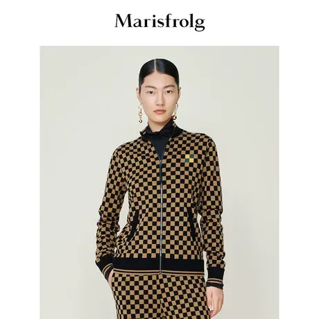 【商场同款】玛丝菲尔秋季新款羊毛复古棋盘格针织开衫外套商品大图
