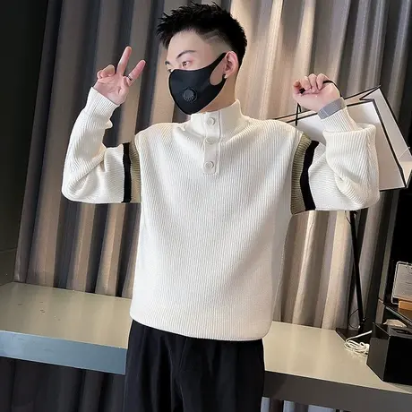 轻熟风毛衣秋冬新款个性拼色立领纽扣设计感套头毛线针织衫上衣商品大图