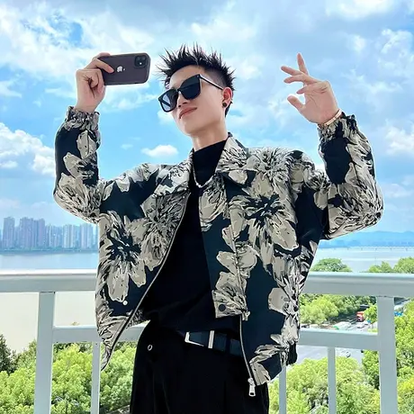 春秋美式复古花色机车高级感翻领夹克男INS痞帅潮牌休闲上衣外套商品大图