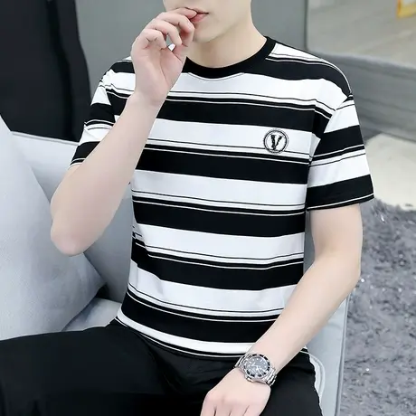 条纹黑色圆领打底衫男潮牌夏季内搭修身短袖t恤薄款上衣服潮流ins商品大图