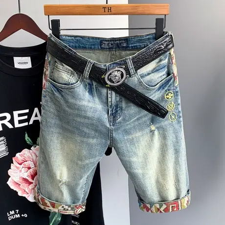 日系复古做旧潮牌牛仔短裤男破洞五分裤男士刺绣中裤夏天马裤子男商品大图